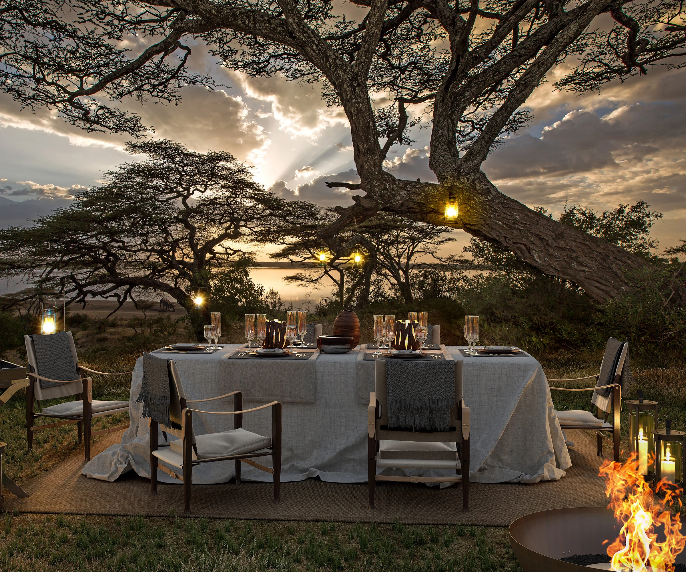 Serengeti lodge dining at dusk, Tanzania