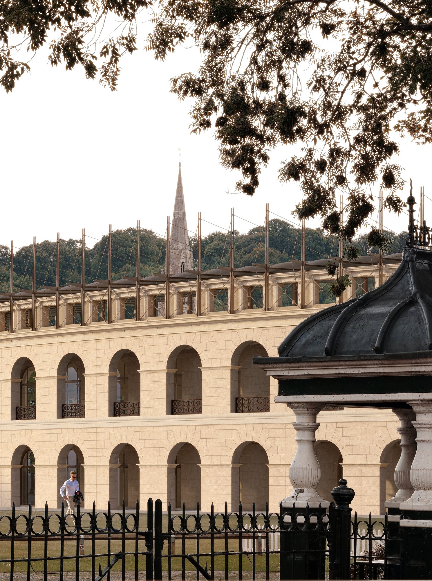 Proposed arena seen past the Parade Gardens kiosk, Bath