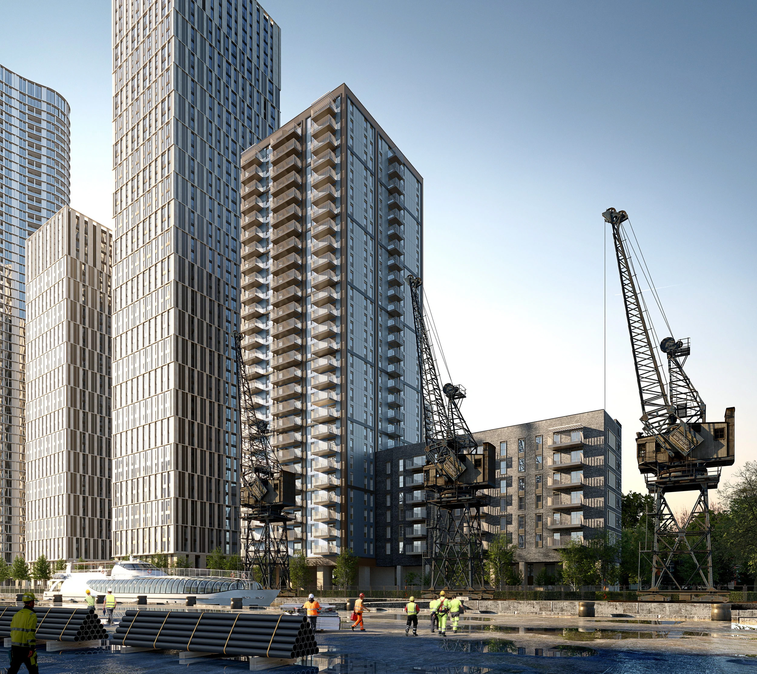 Architectural CGI of Wood Wharf mixed-use development, London — Construct Media