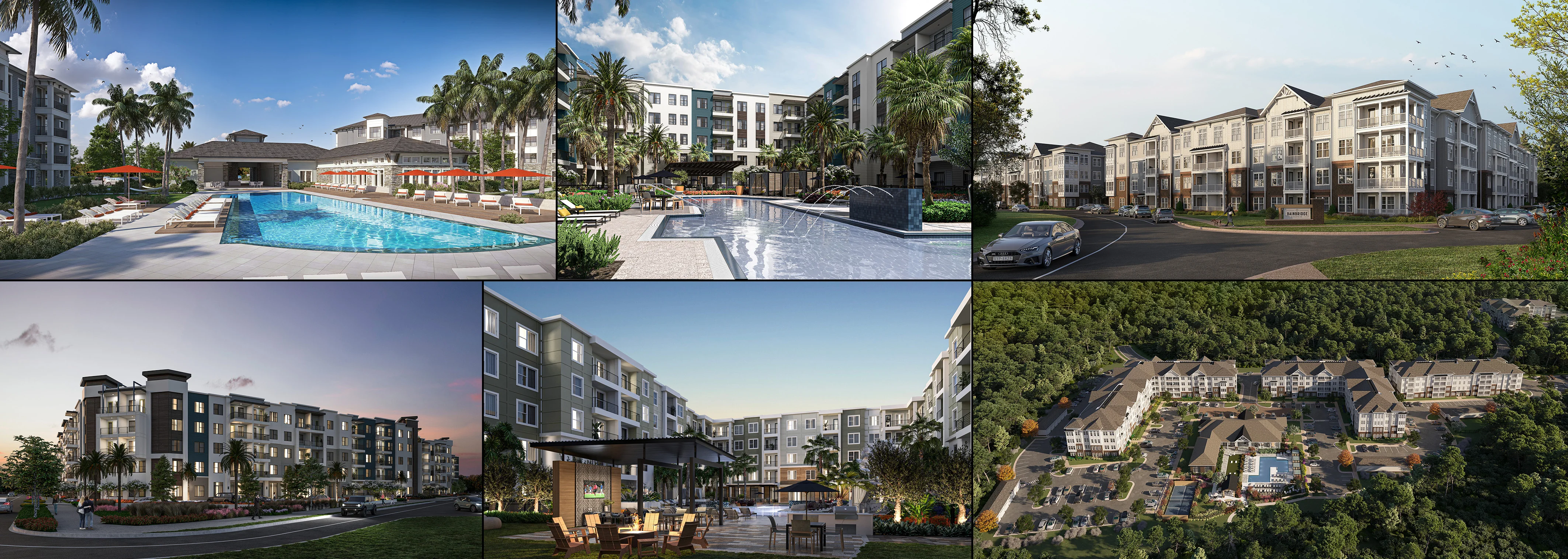 USA master-planned community — pool terrace and aerial CGI, Construct Media