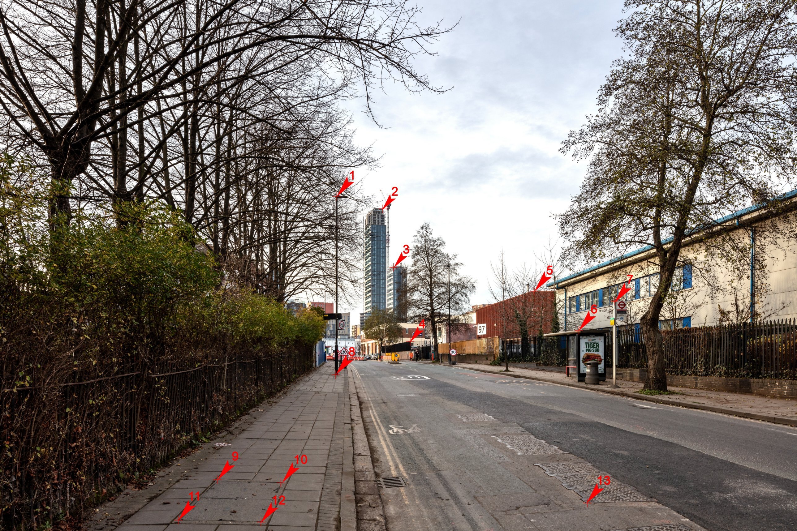 School Road view 3 photograph with thirteen surveyed reference points marked