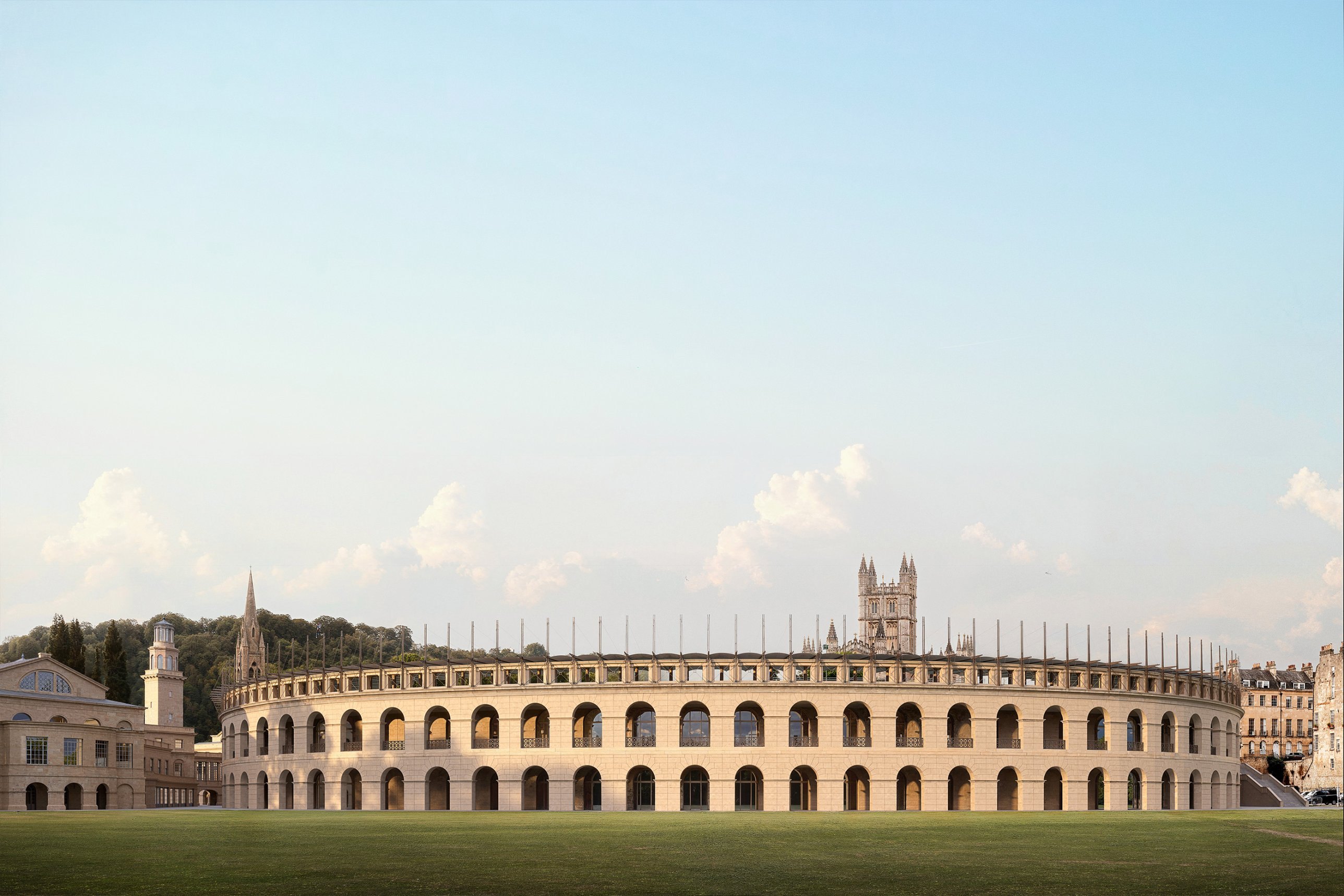 Concept arena on the Recreation Ground, Bath, with the Abbey behind