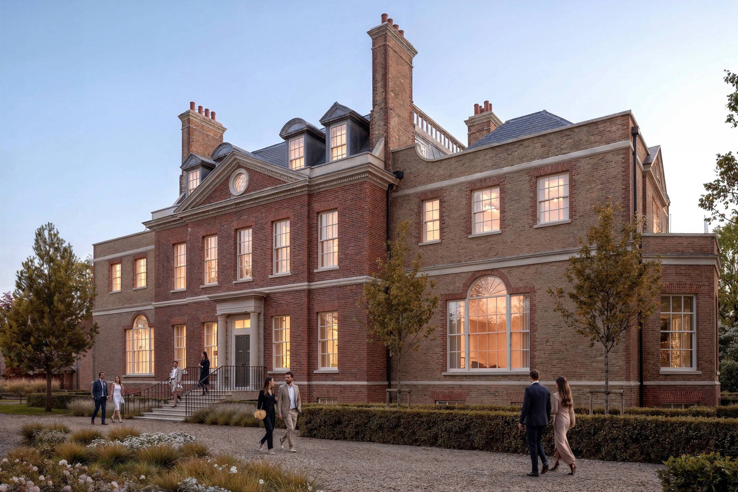 A Georgian brick house at dusk